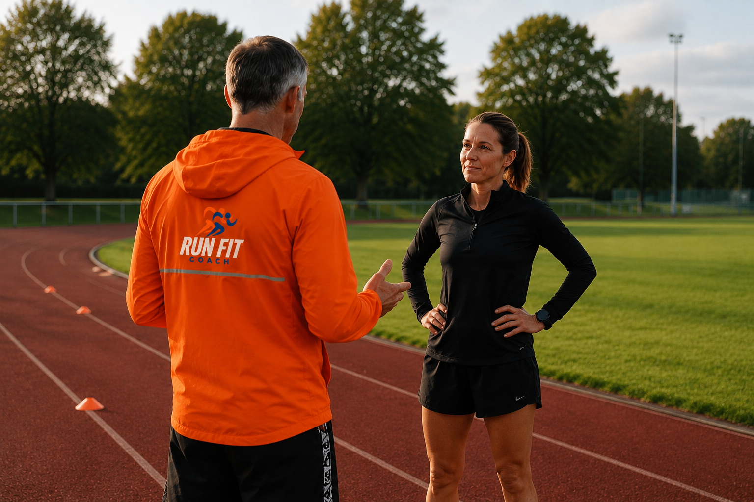 One-to-one running coaching session on an athletics track